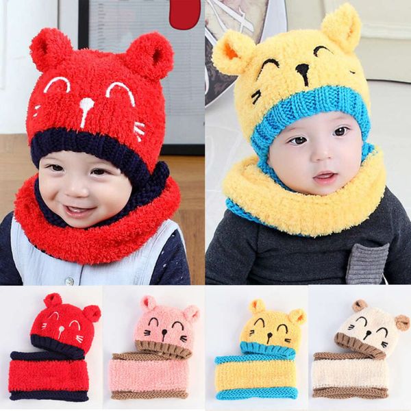 

and winter kitten children's autumn set warm plush baby hat bib, Red;brown