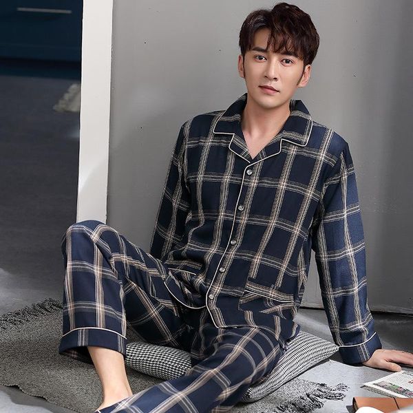 

men's pajamas cotton long-sleeved thin section young men's casual simple plaid home service suit pigiama uomo pyjama homme 2020, Black;brown