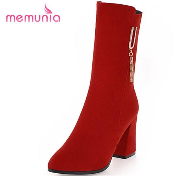 

boots memunia arrive 2021 autumn winter mid calf pointed toe super high heel women short plush zipper size 33-43, Black