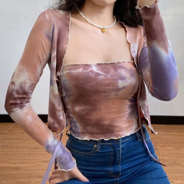 

europe tie-dyed inner cover chest wrap tank bow + strap cardigan t shirt suit two-piece suit western style 5b7w, Gray