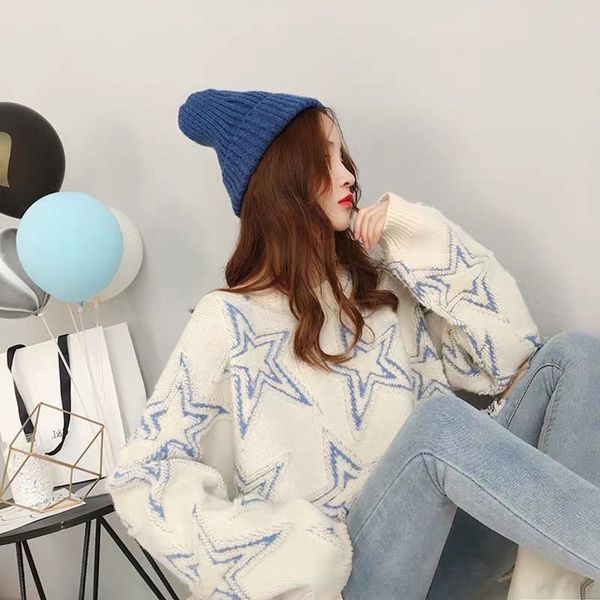 

томный женский пуловер свободный супер огонь новый сладкий трехмерный пуловер свитер пятиконечная звезда свитер женщин осенью и зимой, White;black