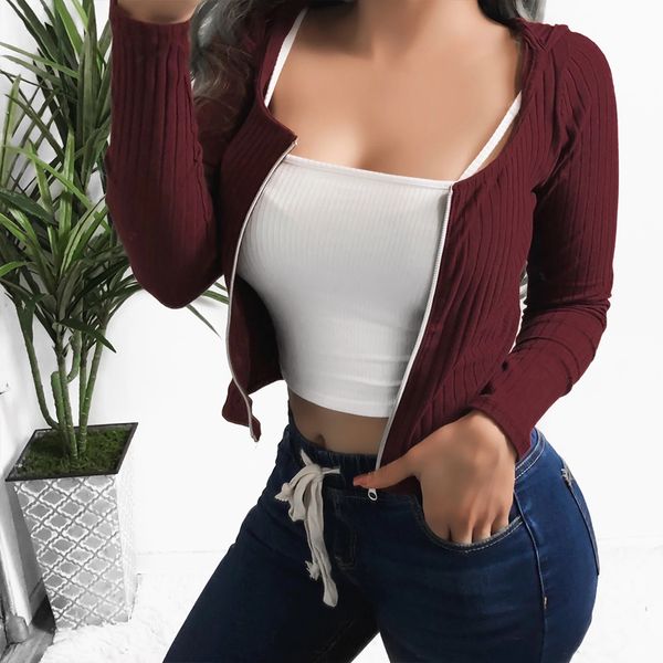 

solid color zipper cardigan womens knitting hooded cropped sweater fashion lady 2019 autumn long sleeve slim cardigan coats d30 t200815, White;black