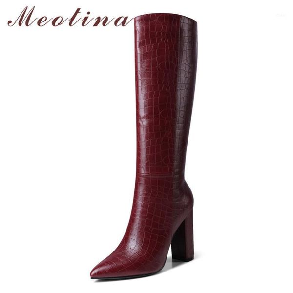 

meotina women knee-high boots shoes zip extreme high heel long boots pointed toe block heels ladies autumn winter beige 431, Black