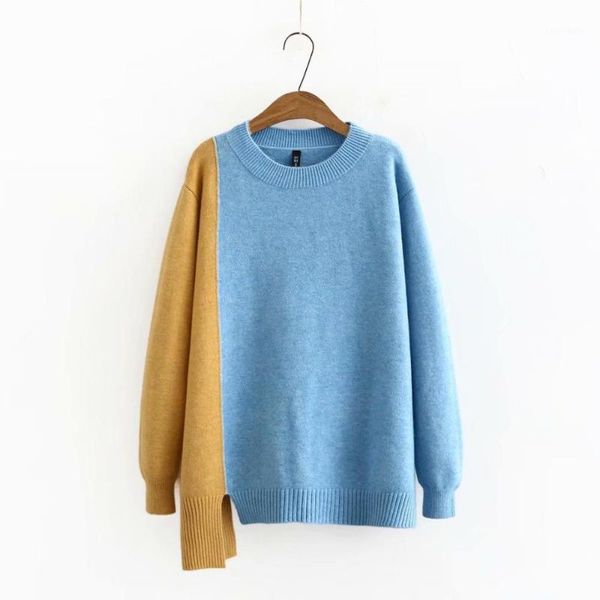 

women's sweaters plus size patchwork o neck women loose 2021 winter casual ladies pullovers knitted sweater female blue beige1, White;black