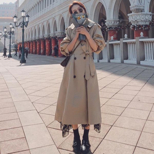 

women's trench coats 2021 spring and autumn youth mid-length solid color ladies coat fashion casual looseouter khaki s-xl, Tan;black