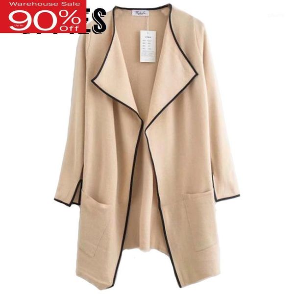 

2020 spring faux suede coat knitting cardigan khaki windbreaker hit color long trench for women1, Tan;black