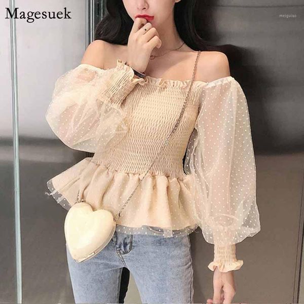 

autumn slash neck lantern long sleeve vintage polka dot mesh woman's blouse waist hugging woman's shirts new female 105461, White