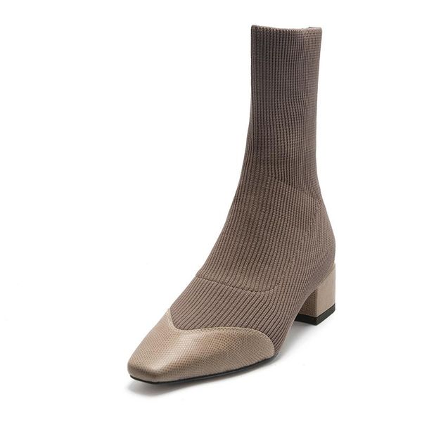

2020 elegant patchwork genuine leather knitting ladies boots fashion quality med heels pumps wedding party shoes woman, Black