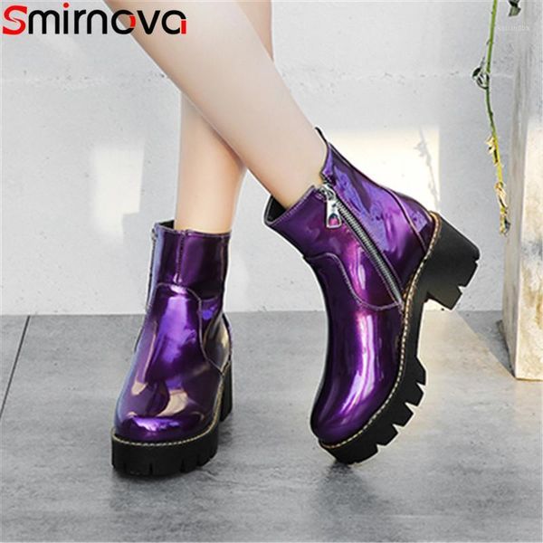 

boots smirnova big size 34-43 fashion patent leather women round toe zip ankle square heels ladies platform 2021 1, Black