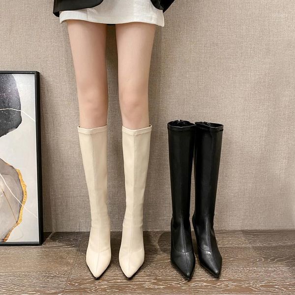 

7cm low heels long boots ladies back zipper pointed toe high heels boots women winter black knee high white shoes1