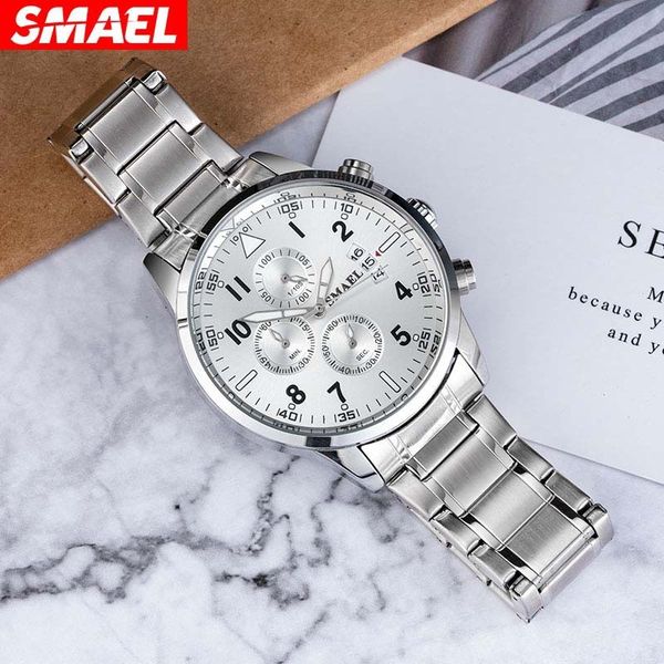 

smael smer business men's watch multifunctional three eye calendar japanese movement imitation mechanical quartz watch men's watch, Slivery;brown
