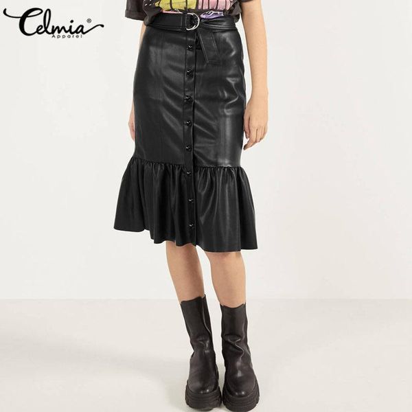 

celmia women's elegant pu leather skirts 2020 fashion belted high waist bodycon skirt casual ruffles buttons skirts 5xl1, Black