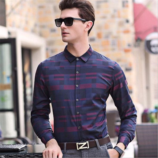 

2021 men's fashion casual long sleeve plaid shirt slim men's social business dress shirt brand clothing soft and comfortab, White;black