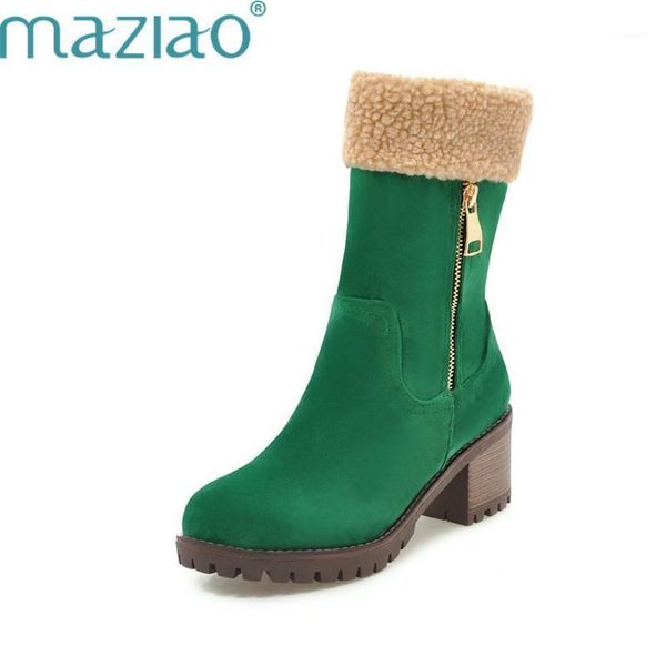 

maziao brand women boots female winter shoes woman fur warm snow boots fashion square high heels mid calf half knee1, Black