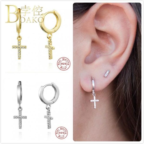 

real 925 silver earrings for women gold cross earrings girl ear bone piercing earring punk female zircon hoop aretes, Golden;silver