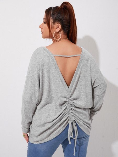 

plus drawstring cut out back drop shoulder tee g2mh#, Black