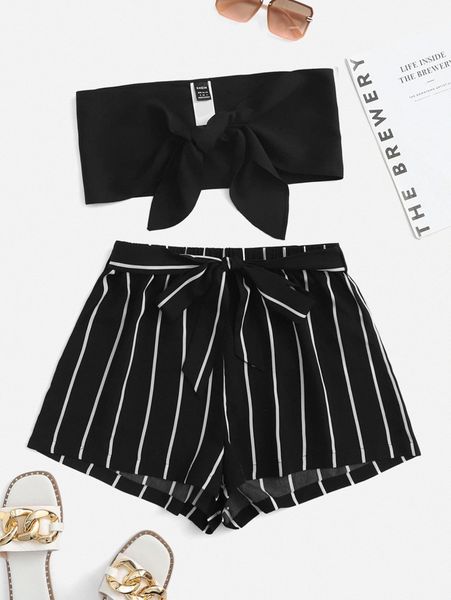 

tie front crop tube & striped belted shorts set i1e3#, White