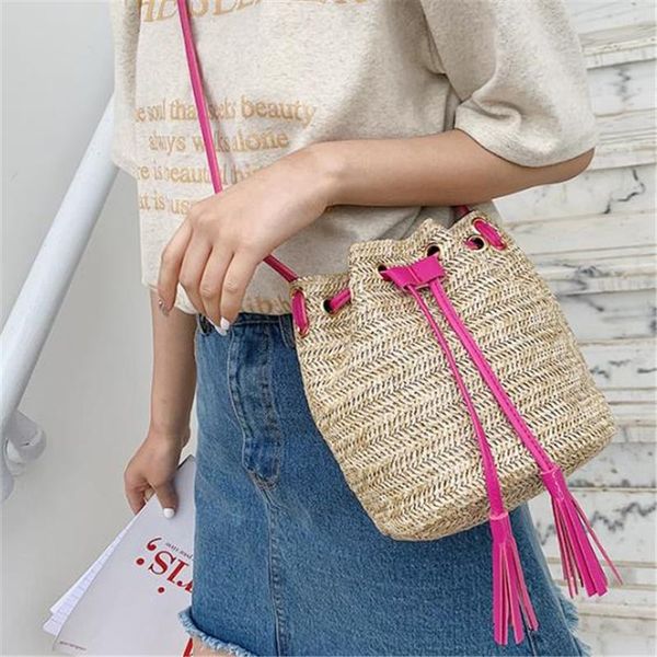 

drawstring women's straw bucket bag summer woven shoulder bags shopping purse beach handbag straw handbags travel bag