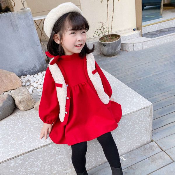 

fashion new korean drs lamb 2020 cashmere vt girls' winter suit, Red;yellow