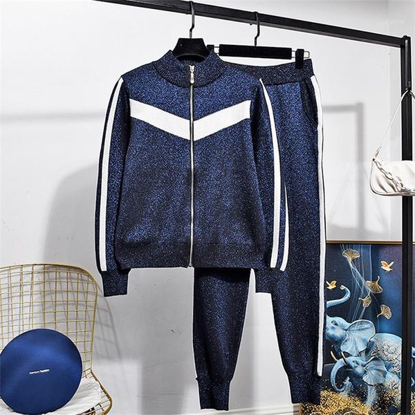 

bright silk knitted tracksuit women set long sleeve cardigan sweater pants two piece outfits loose pink sports knit suit female1, Gray