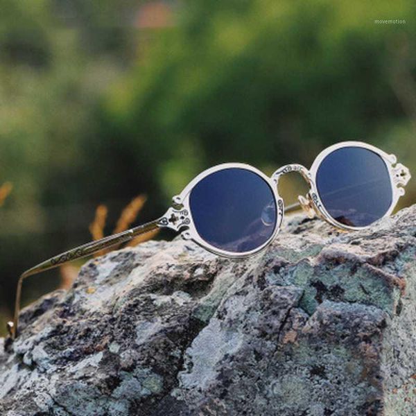 

new retro round polarized sunglasses men vintage steampunk sun glasses ladies gothic oval metal frame carved shade for women1, White;black