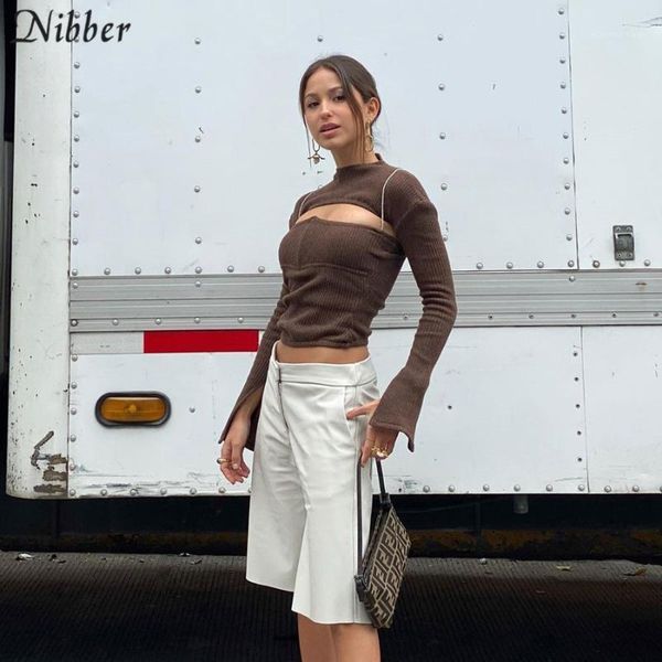 

nibber autumn fashion office lady hollow knitting slim women high street casual t-shirts 2019 simple full sleeve tees mujer1, White