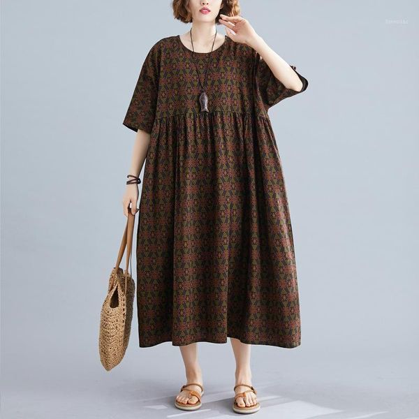 

johnature women vintage high waist dresses print floral o-neck short sleeve 2020 new summer plus size women clothes casual dress1, Black;gray