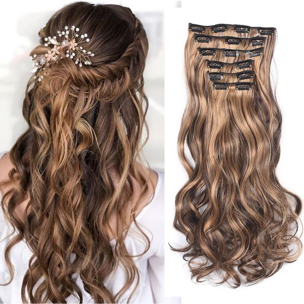 

22inch 16 clips long synthetic hair clip in hair extension heat resistant hairpiece natural wavy hair piece 6pcs/set 220217, Black;brown