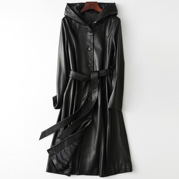 

women's leather & faux spring autumn sheepskin coat real genuine jacket women clothes 2021 korean vintage hood chaqueta mujer 19515 zt, Black