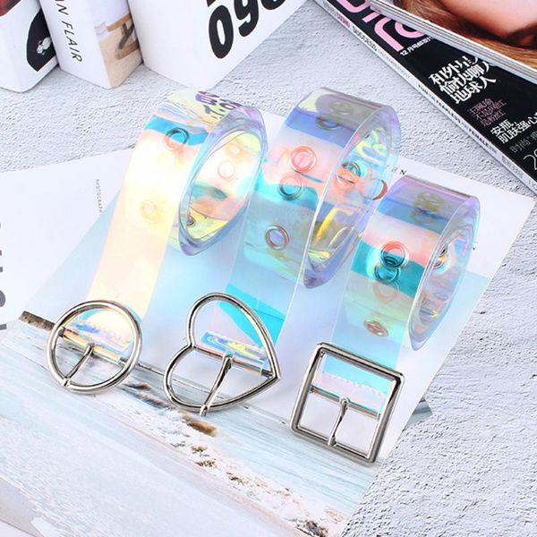

pu transparent women belt laser holographic buckle wide waistband invisible punk waist belt holographic clear waist, Black;brown