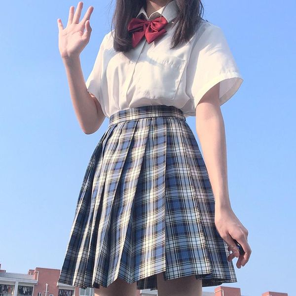 

зимний бульвар] летний высокой талией плиссированные юбки шотландки юбки женщин элегантный jk обмундирование девушки школы ткань платья сту, White