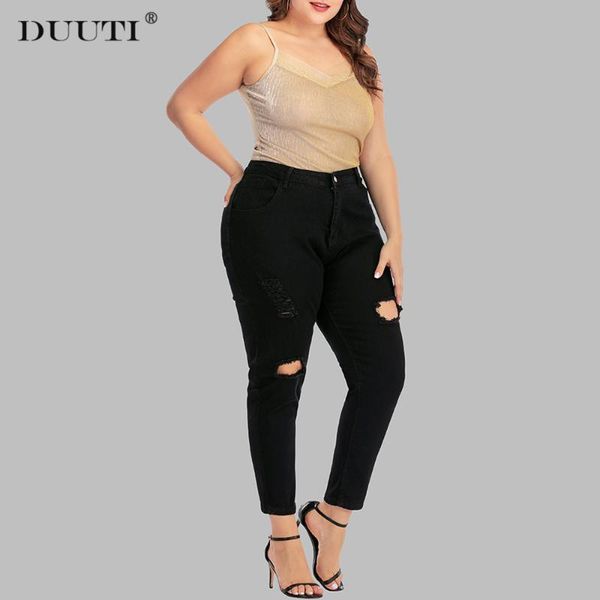 

duuti women plus size high waist jeans classic holes design denim skinny pencil pants ladies casual wild stretch long pants q25, Blue