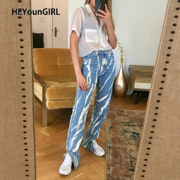 

heyoungirl harajuku print blue jeans pants women casual straight long trousers ladies fashion high waist sweatpants streetwear, Black;white