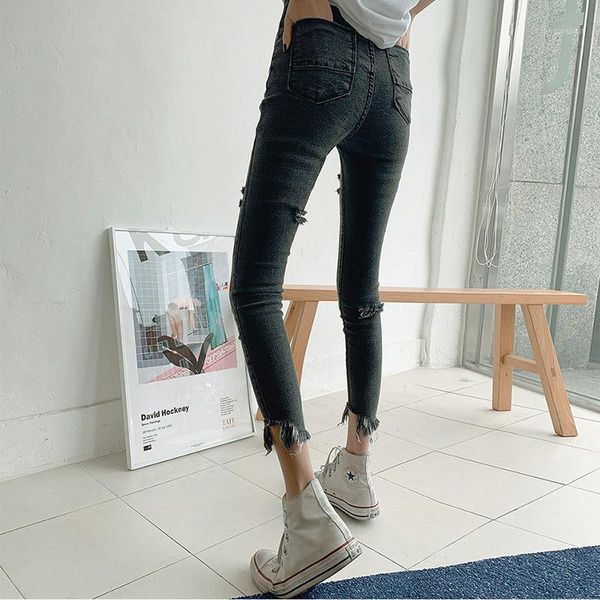 

high waist hips tight jeans female sense europe and the united states 2020 spring summer slim feet pants white nine pants long1, Blue
