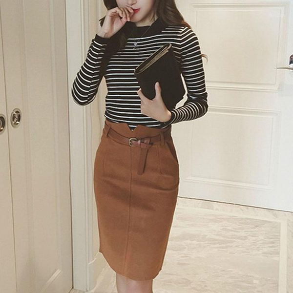 

spring autumn women pencil skirts fashion back split solid ladies skirts vintage elegant empire female with belt1, Black