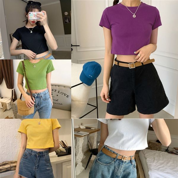 

2020 pure cotton short sleeve women's short slim t-shirt t-shirt fit navel exposed high waist leaky navel women's fashion trends u, White