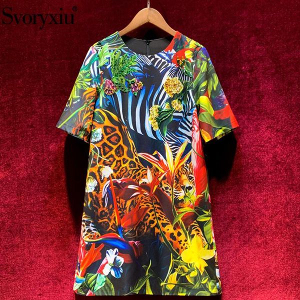 

svoryxiu 2020 runway spring summer vintage jungle animal print loose short dress women's crystal diamond party dresses, White;black
