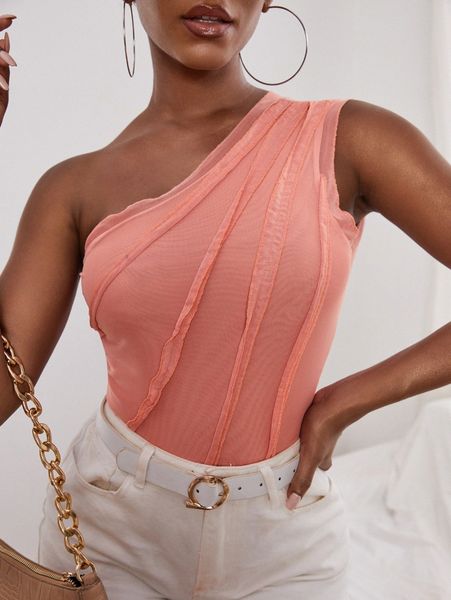 

sxy solid mesh one shoulder p4ab#, White