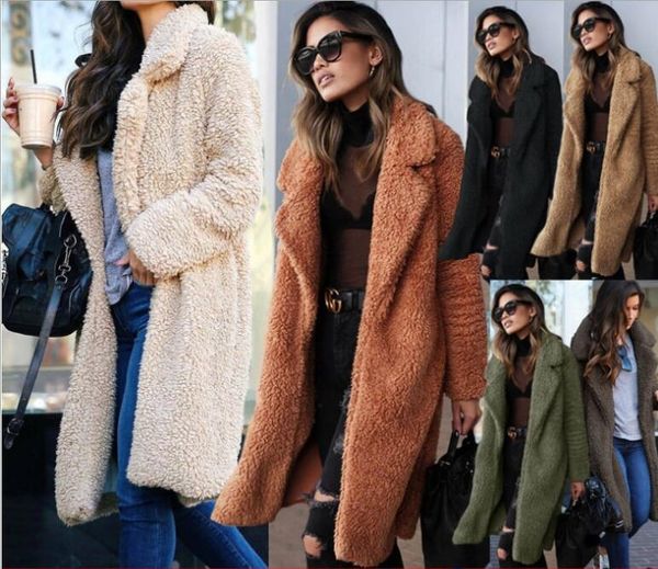 

europe and the united states autumn and winter imitation fur autumn and winter lapel pocket long sleeve ladies plush long trench coat, Black