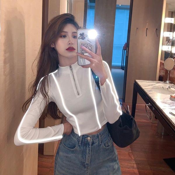 

early autumn new style hong kong style design paragraph zipper short navel outer wear t-shirt slim fit slimming long sleeve base, White