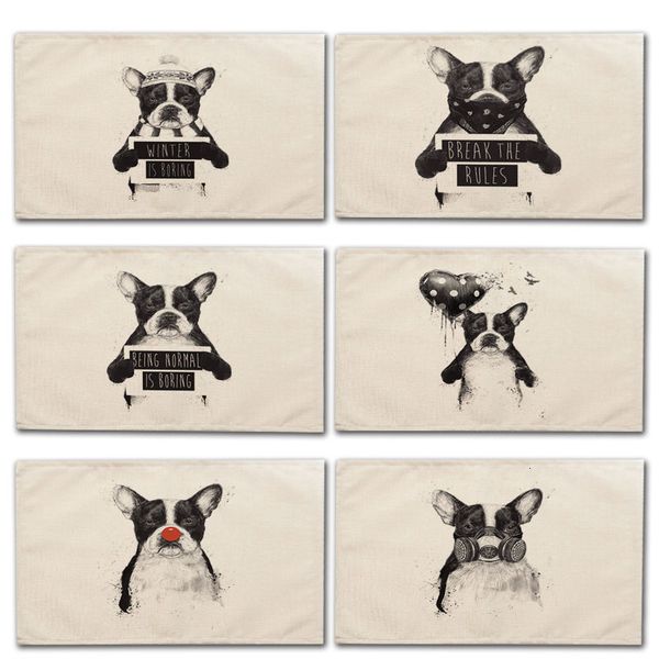 

dog french bulldog pattern placemat dining table cotton linen pad drink coaster cup mat 42*32cm kitchen accessories ma0084