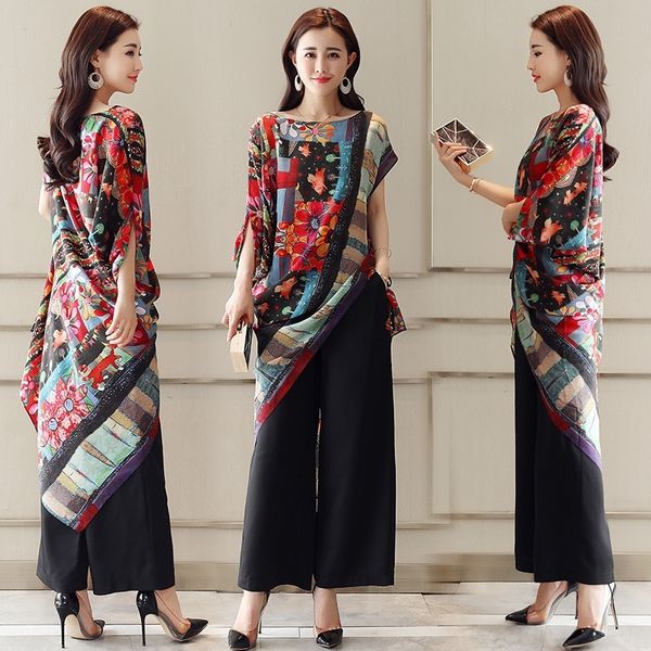 

hapbm wide printed irregular fashionable leg set fall suit pants suitwide leg pants suit2019 sleeve round neck short new fashionable two pie, Gray