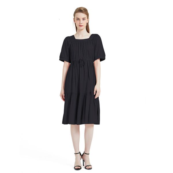 

square wind new summer solid color neck short sleeve waist tie up dress big swing skirt, Black;gray