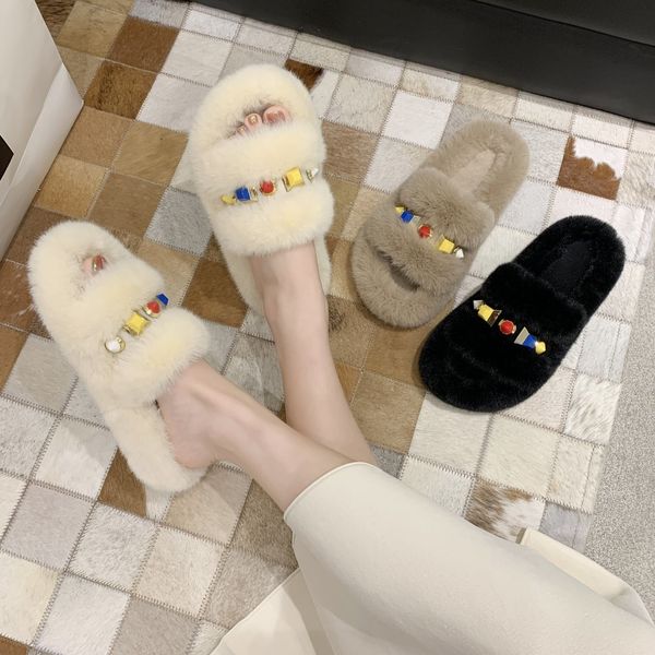 

fur slippers women shoes woman 2020 autumn new fluffy slippers real rabbit outdoor flat warm cotton winter slippers fur slides x1020, Black