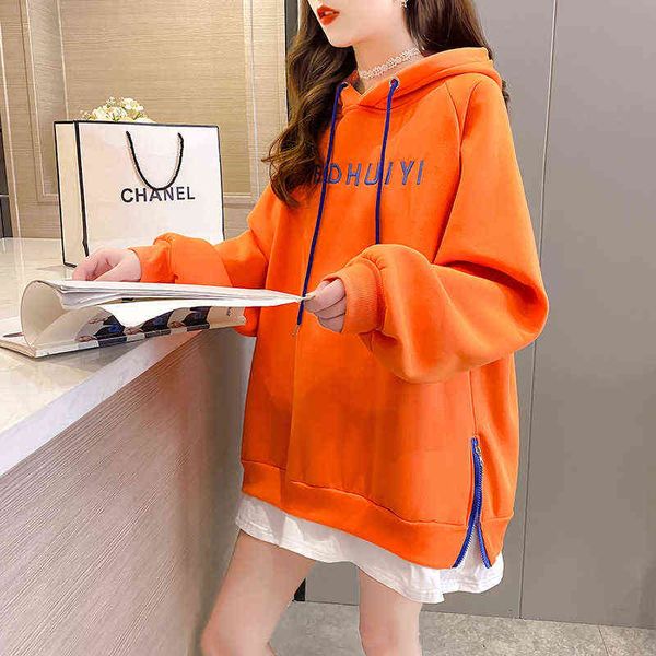 

women's hoodi sweatshirts 2022 winter korean style split zipper dign feeling thickened plush simple letter hooded women's sweater, Black