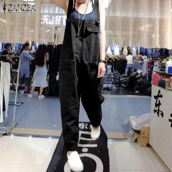

zanzea spring sleeveless playsuits vintage solid suspender overalls women casual denim blue jumpsuits female rompers harem pants1, Black;white