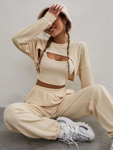

drop shoulder high low hem pullover & sweatpants with tank f5eg#, White
