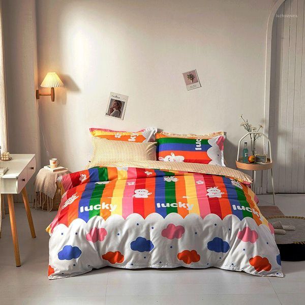 

cartoon kids bedding set reactive printing rainbow color quilt cover sheet pillowcase students bedclothes bed duvet cover set1
