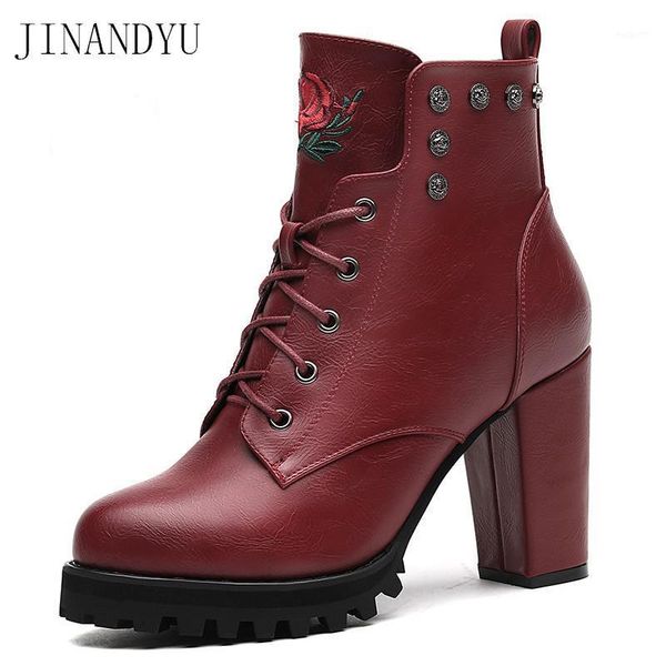 

boots leather women platform shoes high heel 8cm winter ankle lace up heels black fashion 1
