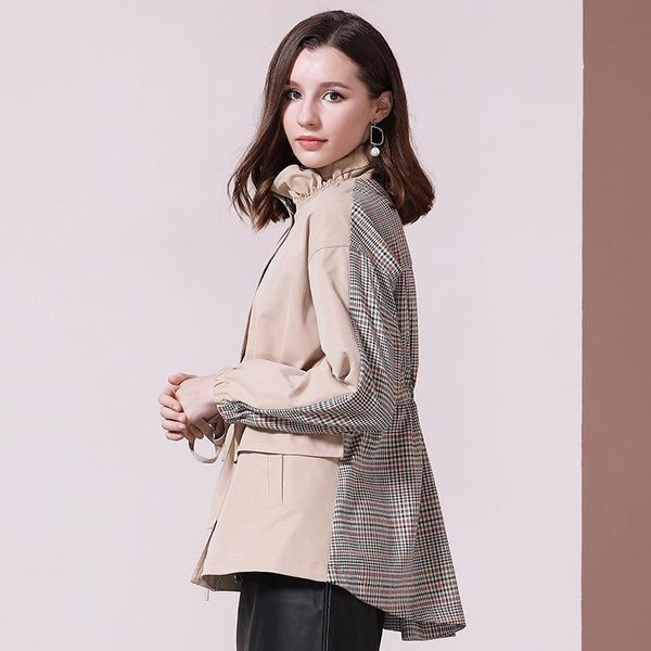 

windbraker women 2021 new british style autumn mosaic khaki stripe mandarin collar short trench coat office lady, Tan;black